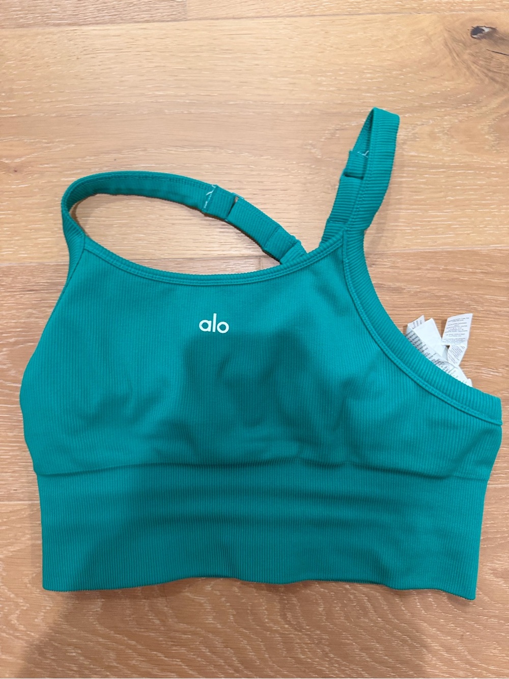 ALO Yoga Women's Green Teal Ribbed One-Shoulder Swim Top